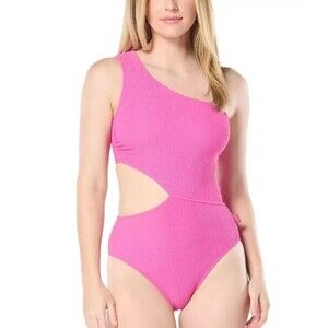 MICHAEL Michael Kors Women's Ribbed One-Shoulder Side-Cutout Swimsuit Pink 12